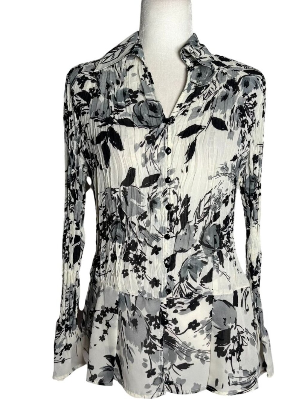 Cathaya Floral Button Up Long Sleeve Shirt Blouse Medium Black White Crinkle